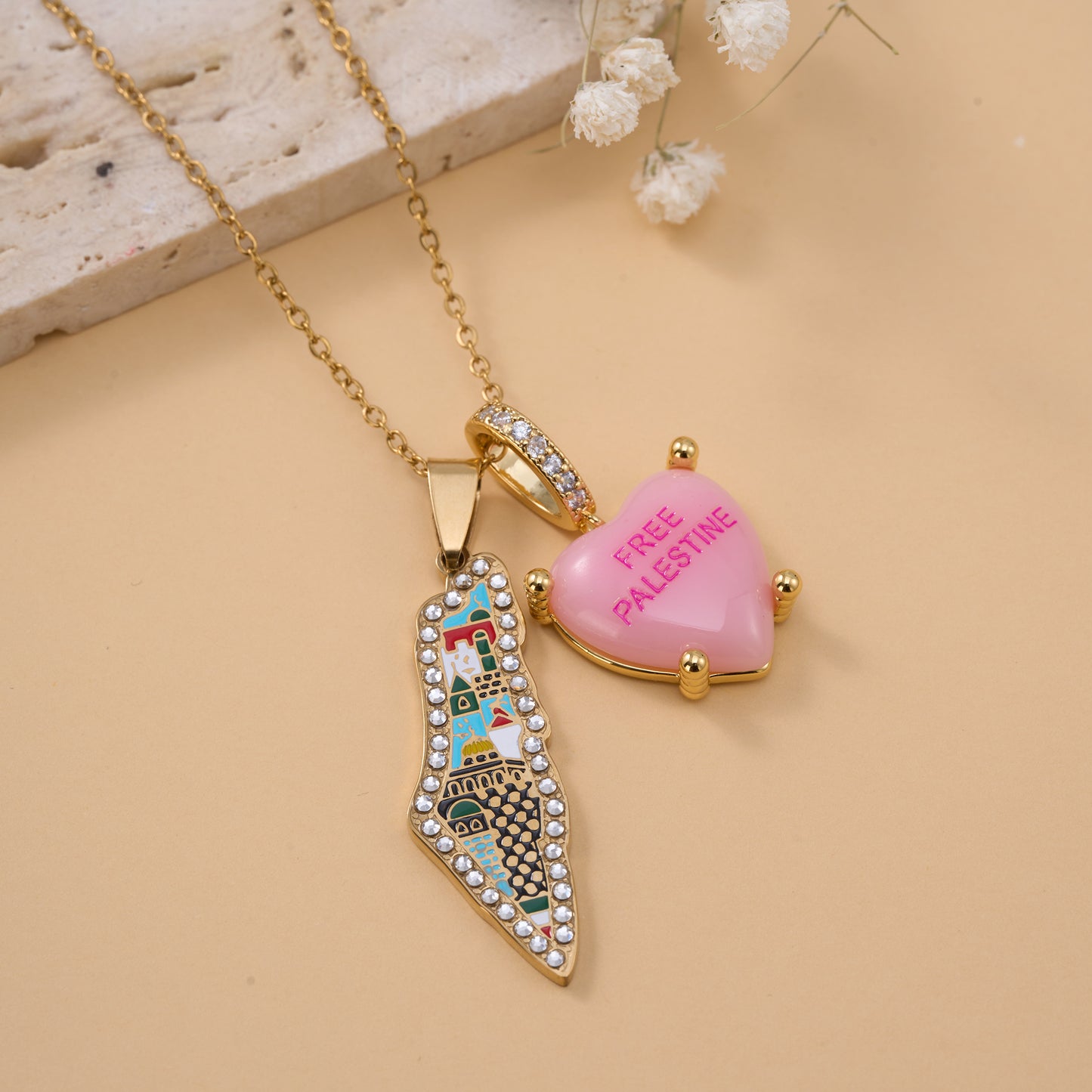 Collier Duo – Palestine & Cœur Rose | Free Palestine